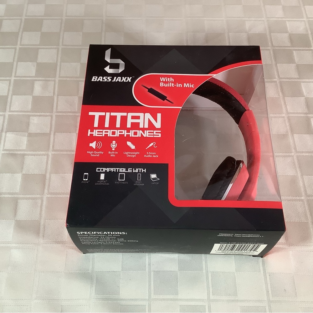 New red Titan headphones with built-in-microphone